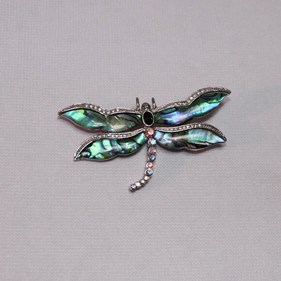 Vintage Abalone Dragonfly Brooch w/Rhinestones - Picture 2 of 9